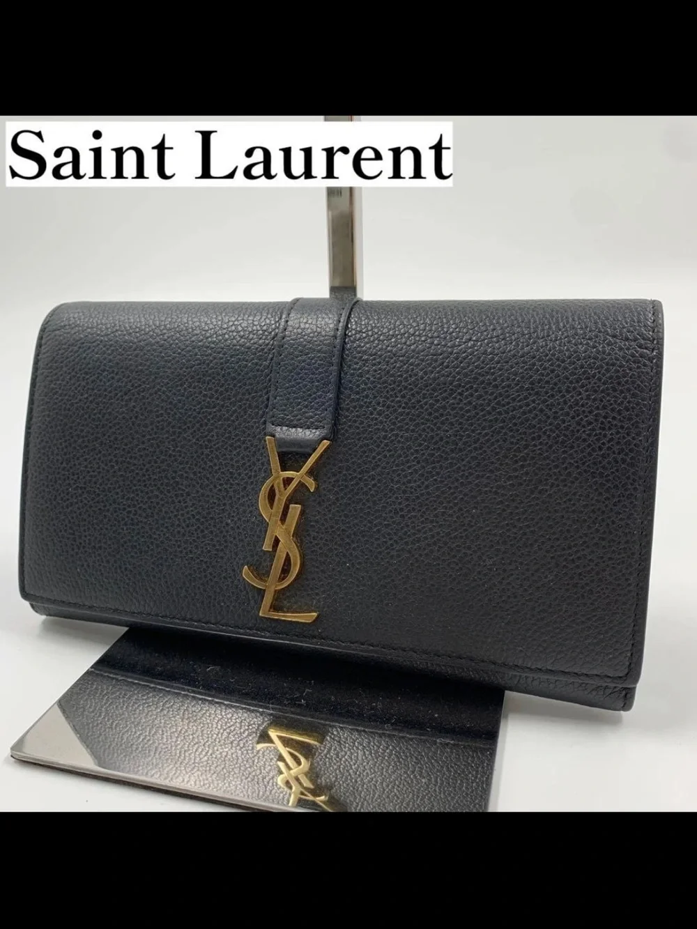 Saint Laurent Black Pebbled Leather Wallet with Gold YSL Emblem
